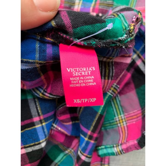 Victoria Secret Flannel Short Dress/ Robe Pink Grn Plaid Drawstring Waist XS - Picture 9 of 11
